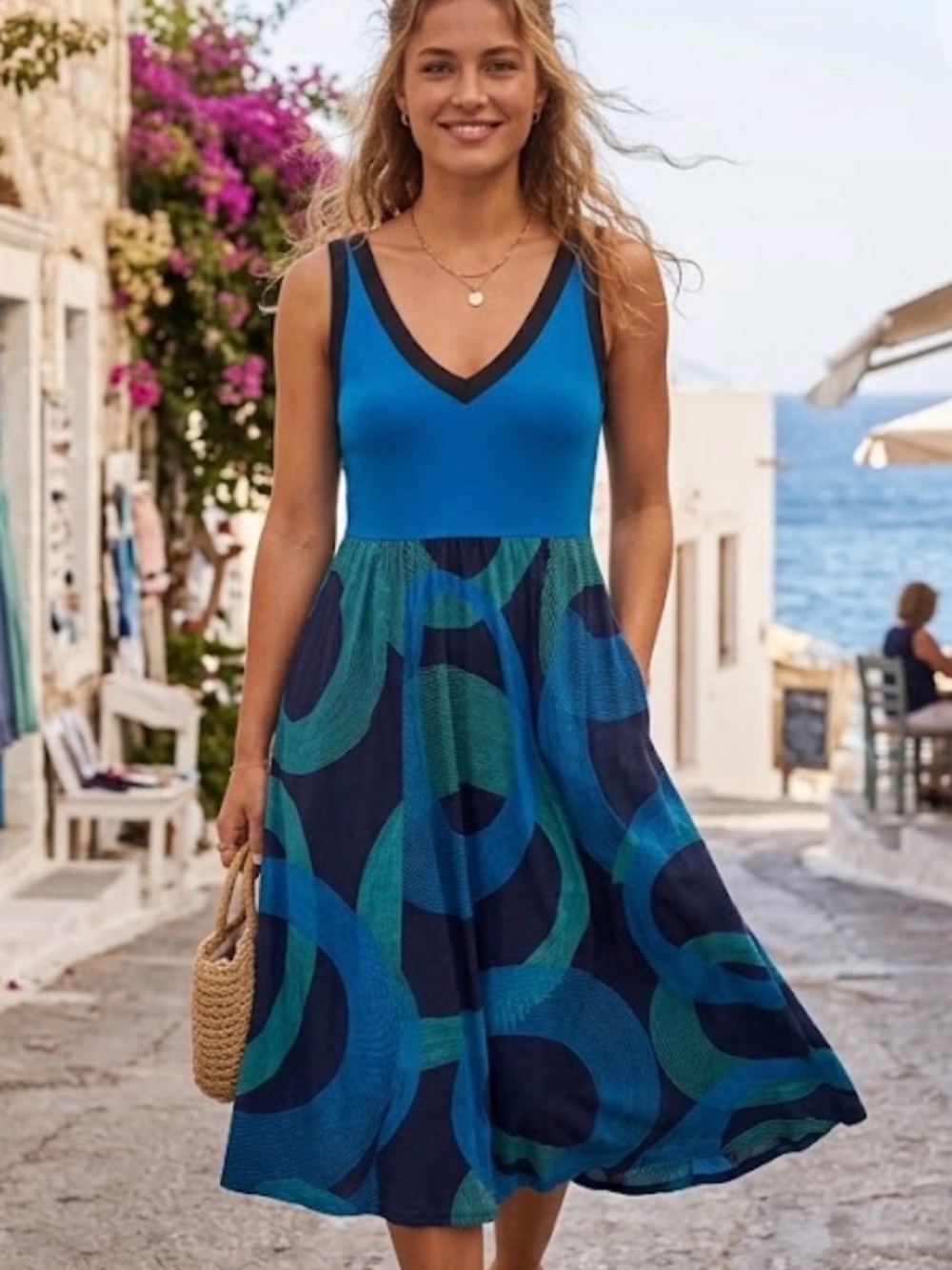Mexx Blue and Teal V-Neck Sleeveless Dress